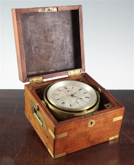 A Victorian mahogany and brass bound two day marine chronometer by A. Johannsen & Co, 19cm